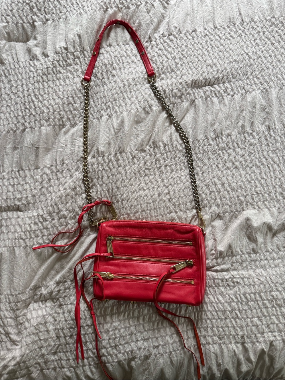 Rebecca Minkoff red leather crossbody with gold chain strap